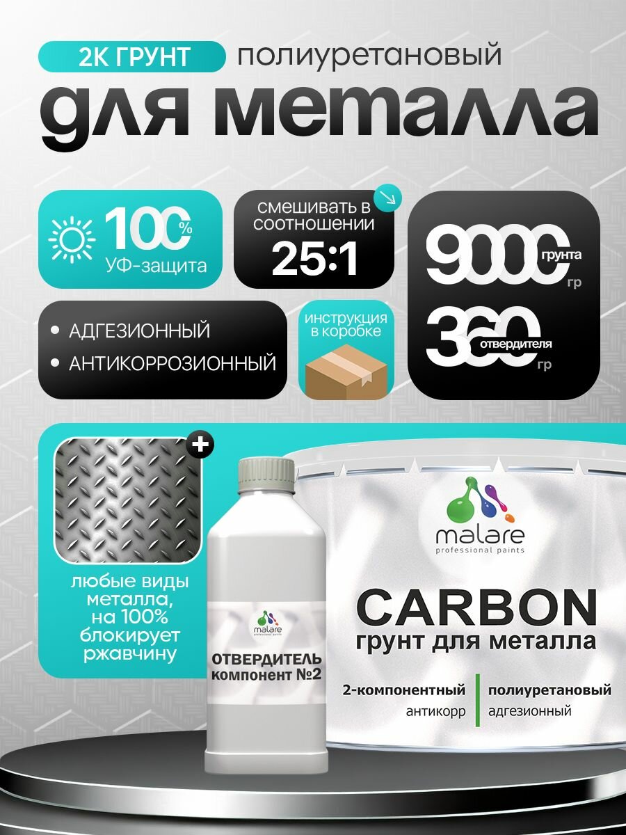 2К полиуретановый грунт Malare CARBON по металлу, двухкомпонентный, антикоррозионный (9 кг + 360 гр отвердитель)