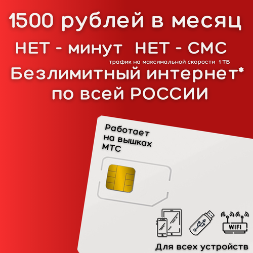 Изображение товара Сим карта Безлимитный интернет 1500 рублей в месяц по РФ 1000 ГБ 4G LTE YAMTSV1