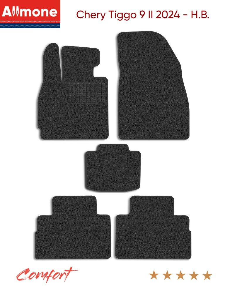 Автоковрики текстильные Allmone "Комфорт" для Chery Tiggo 9 2 (suv) 2024 - Н. В, темно-серые, 5шт. / Чери Тиго 9 2 / в салон