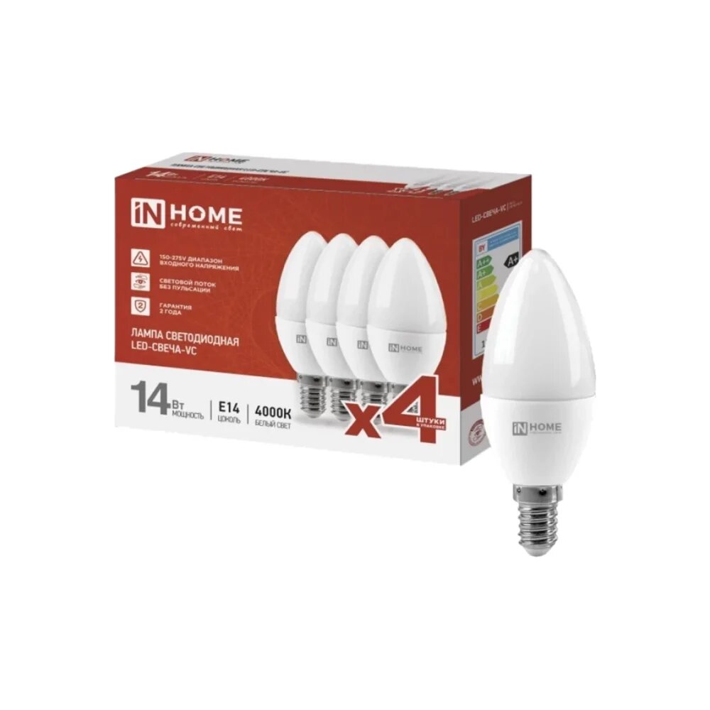 Лампа светодиодная IN HOME LED-СВЕЧА-VC 4PACK 14Вт 230В Е14 4000К 1330Лм 4 штуки/упаковка 4690612052328