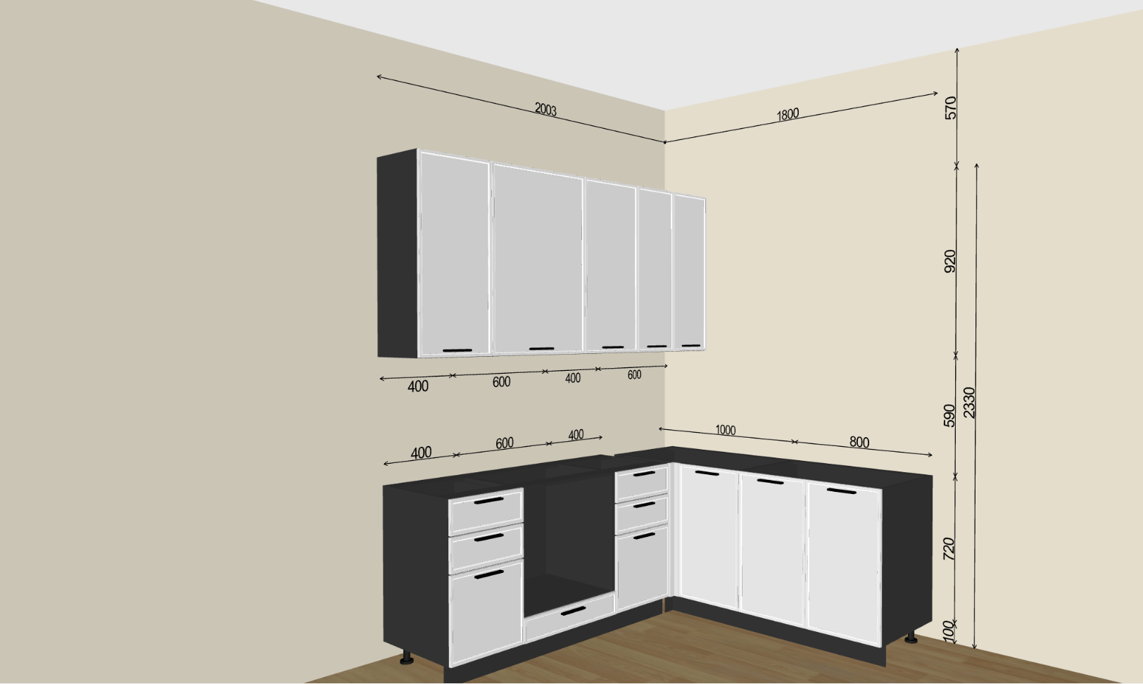 Гарнитур кухонный "Фрейм" 200х200см, угловой, каркас белый, графитовый