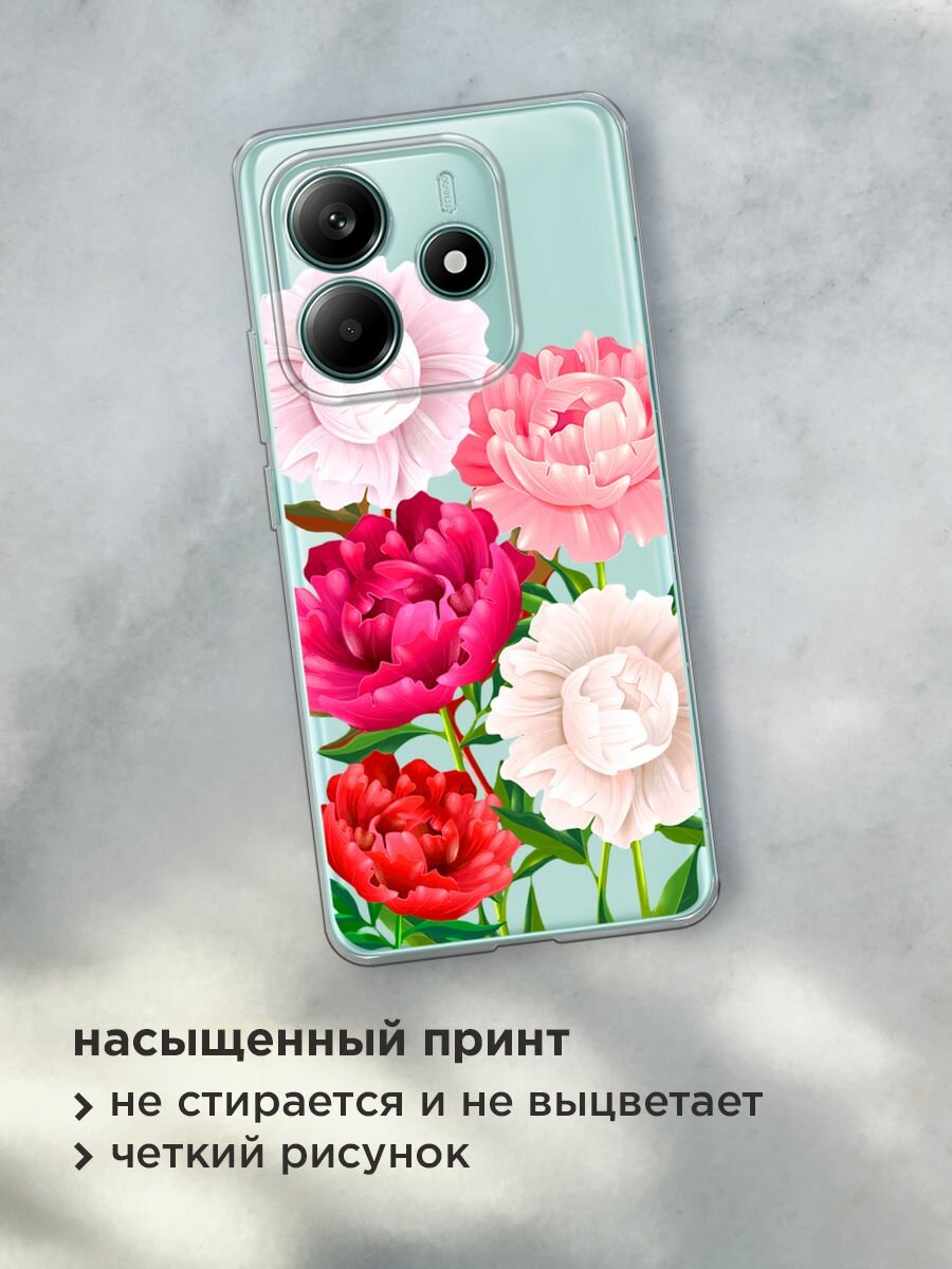 Чехол на Xiaomi Redmi Note 14 4G / Редми Нот 14 4G с принтом "Большие пионы", прозрачный — фото 1