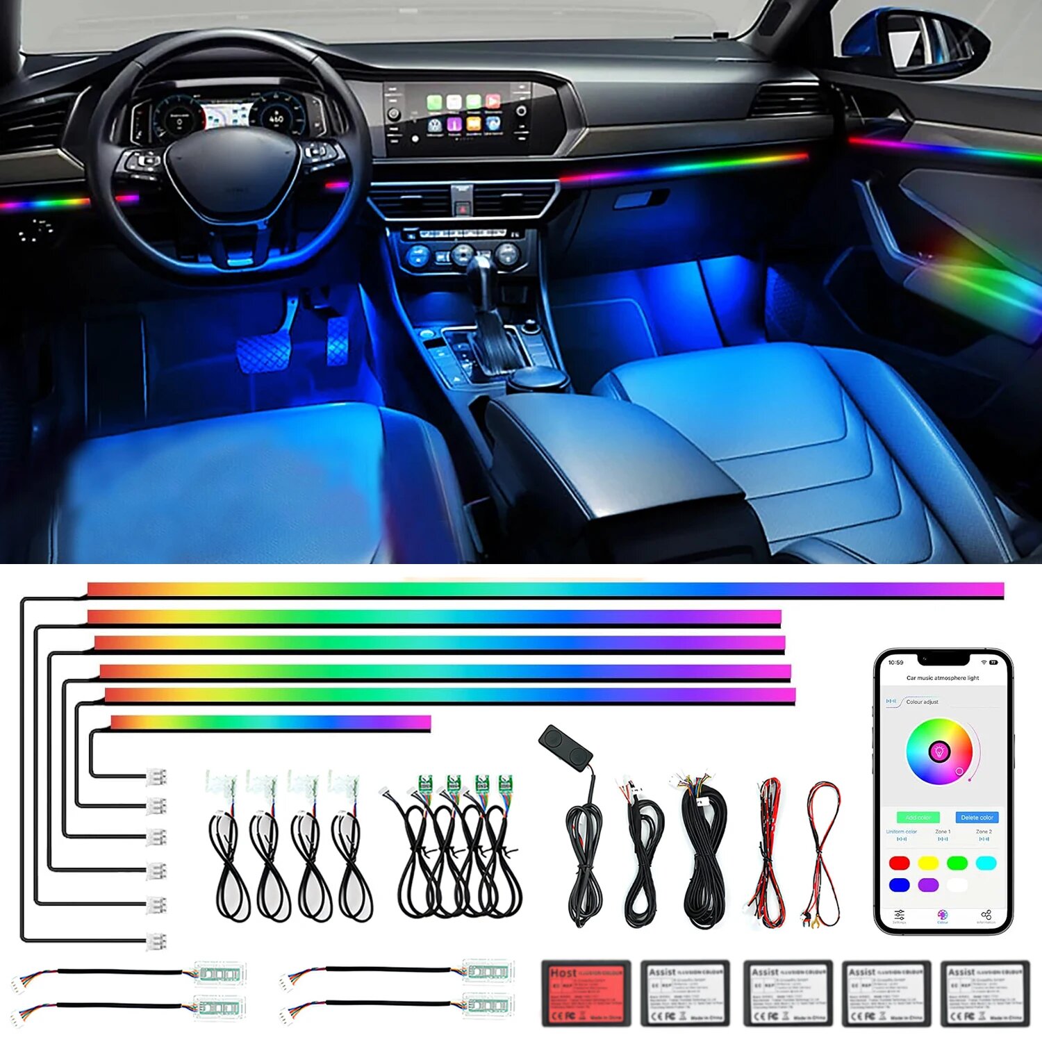 18-в-1 128 красочных RGB Symphony для интерьера автомобиля, светодиодный универсальный светильник с несколькими режимами, украшение, атмосферное освещение, управление через приложение