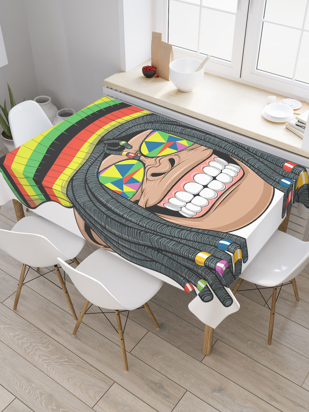 Скатерть прямоугольная JoyArty "Обезьяна хиппи" из сатена, 120x145 см