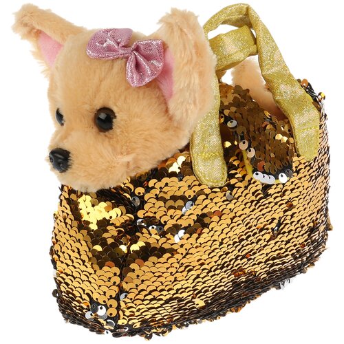 Купить Мягкая игрушка Мой питомец Собака в сумочке из пайеток золото, 15 см