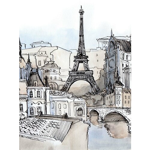Моющиеся виниловые фотообои GrandPiK Акварель Франция Париж Эйфелева башня, 200х290 см
