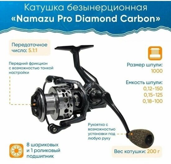 Катушка безынерционная Namazu Pro Diamond Carbon DC1000 , 8+1 подш, металлическая шпуля