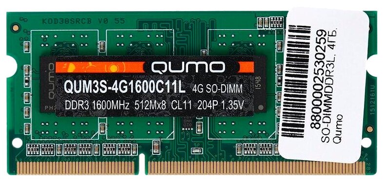 Память DDR3 SODIMM 4Gb, 1600MHz Qumo (QUM3S-4G1600C11L)