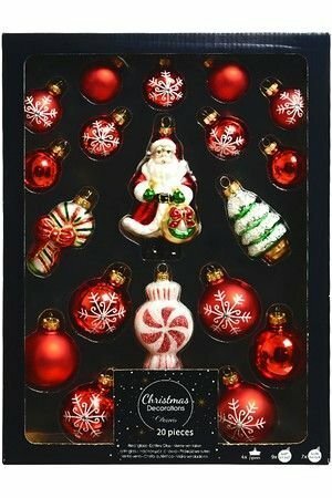 Набор стеклянных ёлочных украшений с Сантой красный коктейль новогодний, 4-13 см (упаковка 20 шт.), Kaemingk (Decoris) 037800