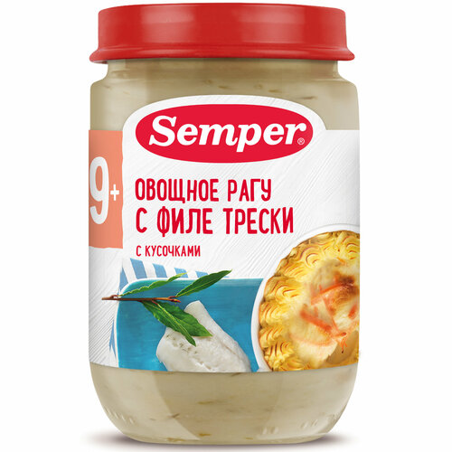 Пюре Semper овощное рагу с филе трески, с 9 месяцев, 190 г фрикадельки мясные semper кролик с 8 месяцев 100г