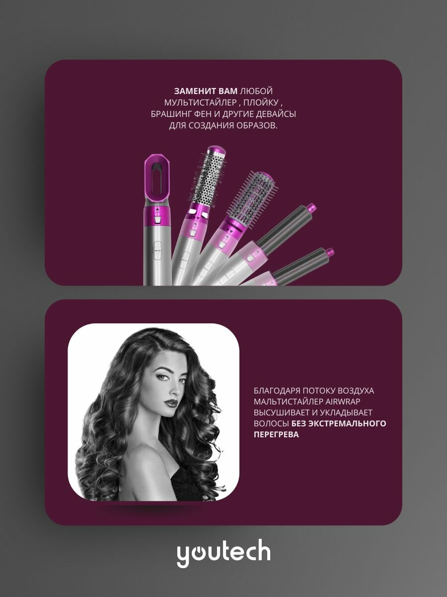 Стайлер Youtech Airwrap 5in1 для разных типов волос/Мультистайлер для создания локонов и волн/Выпрямитель/Брашинг - фотография № 2