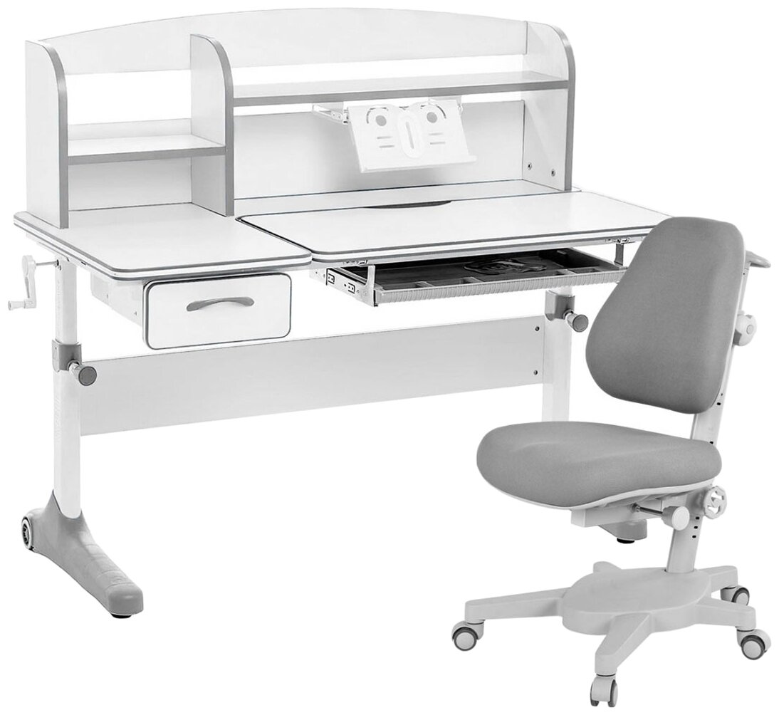 Комплект Anatomica Smart-50 парта + кресло + надстройка + подставка для книг белый/серый с серым креслом Armata - фотография № 1