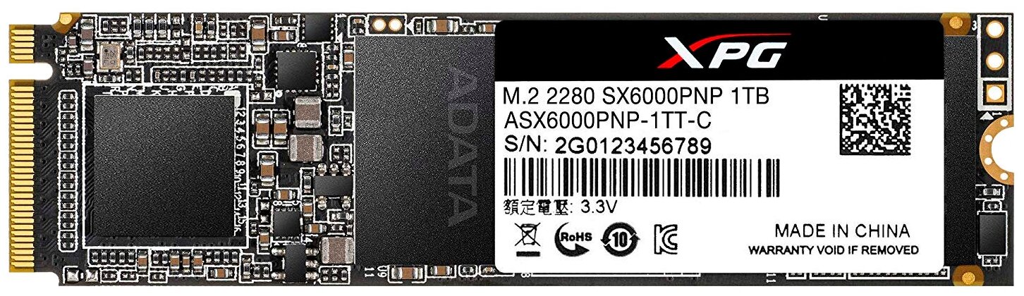 Накопитель SSD M.2 2280 ADATA ASX6000PNP-1TT-C XPG SX6000 Pro 1TB TLC PCIe Gen3x4 2100/1400MB/s IOPS 250K/240K MTBF 2M