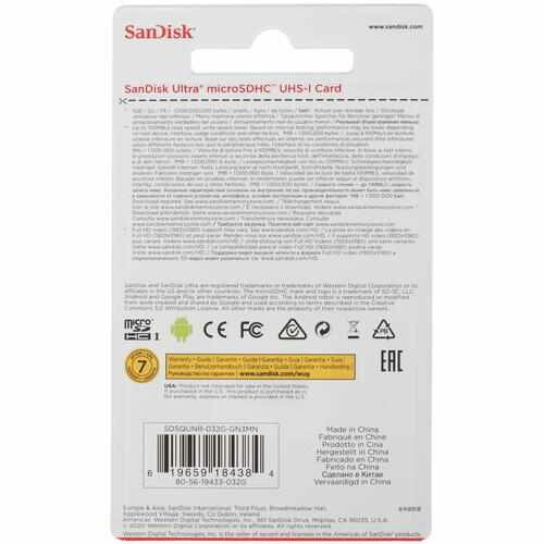 Карта памяти micro sdhc 32gb uhs-i sdsqunr-032g-gn3mn sandisk