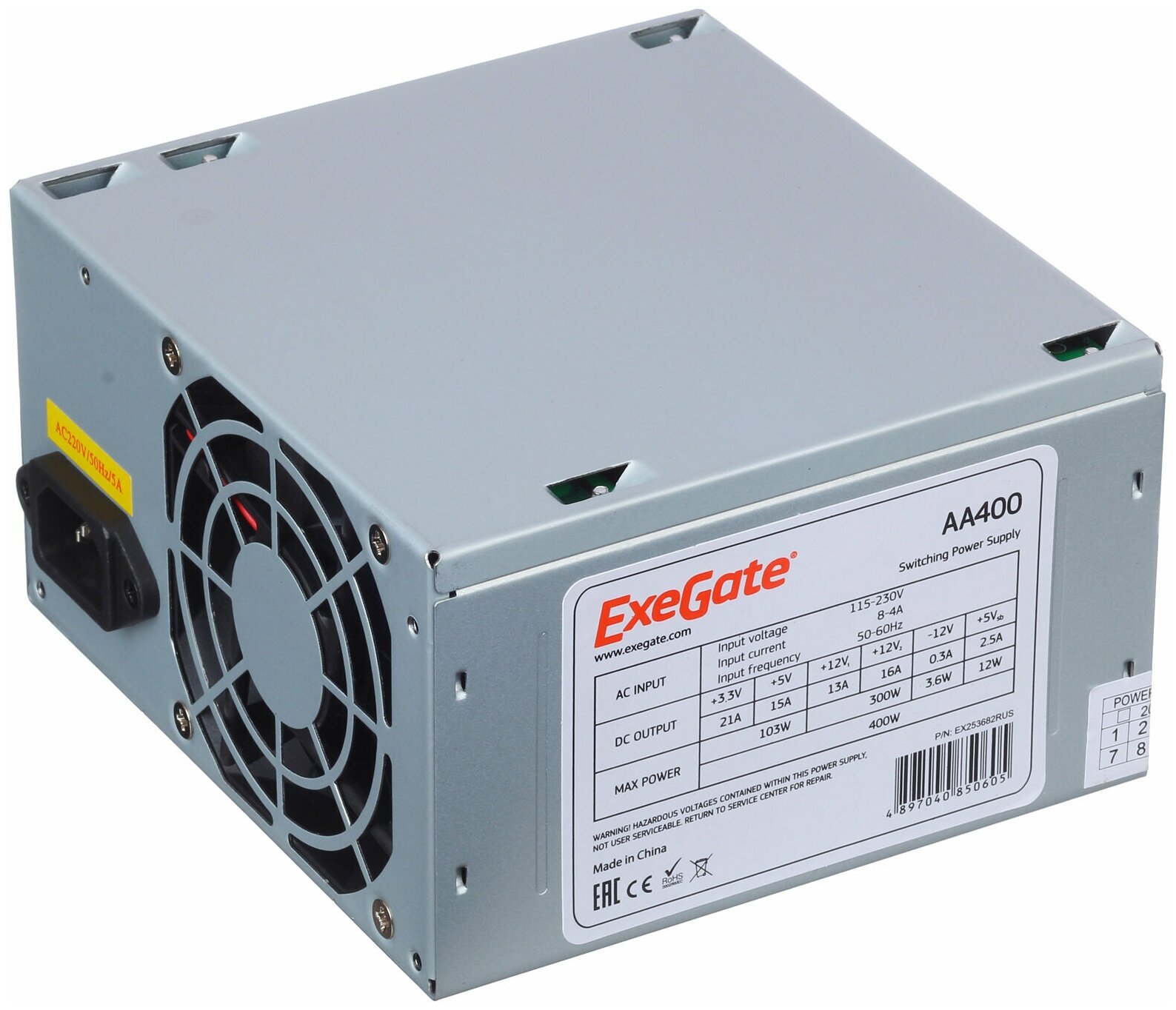 EXEGATE EX253682RUS 256672 Блок питания 400W AA400, ATX, 8cm fan, 24+4pin, 2 SATA, 1 IDE