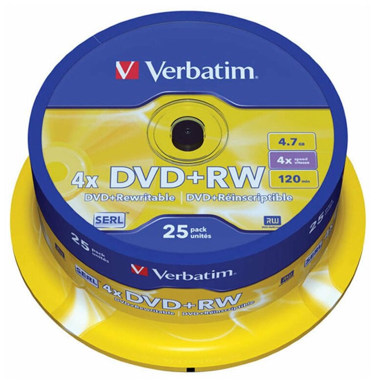 Оптический диск DVD+RW VERBATIM 4.7Гб 4x, 25шт, cake box [43489]