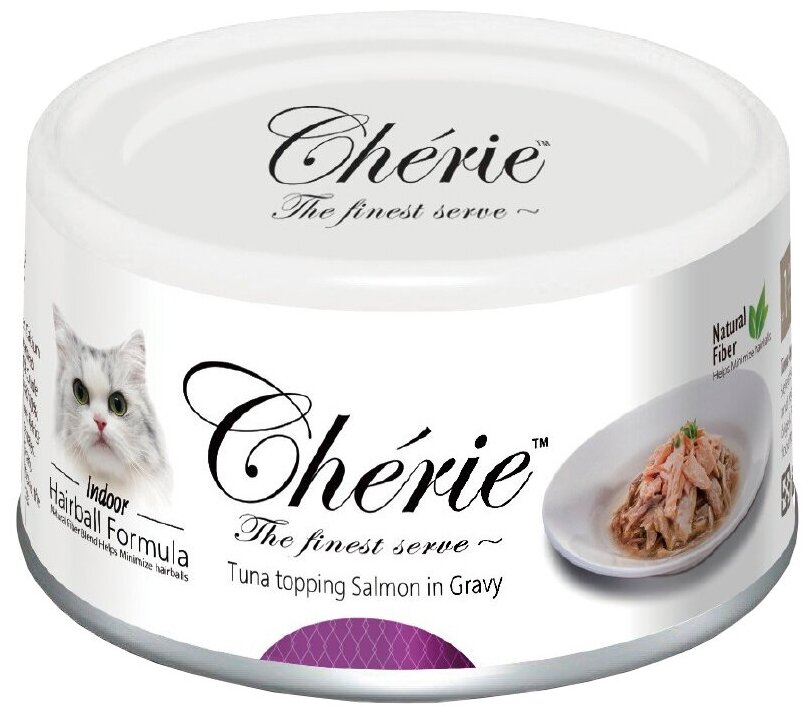 Влажный корм для кошек Pettric Cherie, беззерновой, для вывода шерсти с тунцом и лососем 80 г х6 шт. (кусочки в соусе)