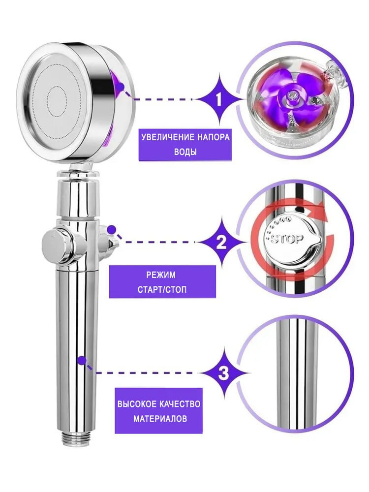 Лейка для душа с вентилятором, душ лейка с массажной и турбонасадкой, водосберегающая, фиолетовая - фотография № 3