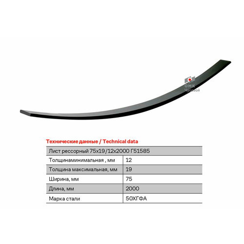 Лист рессорный размерный 75х19/12х2000
