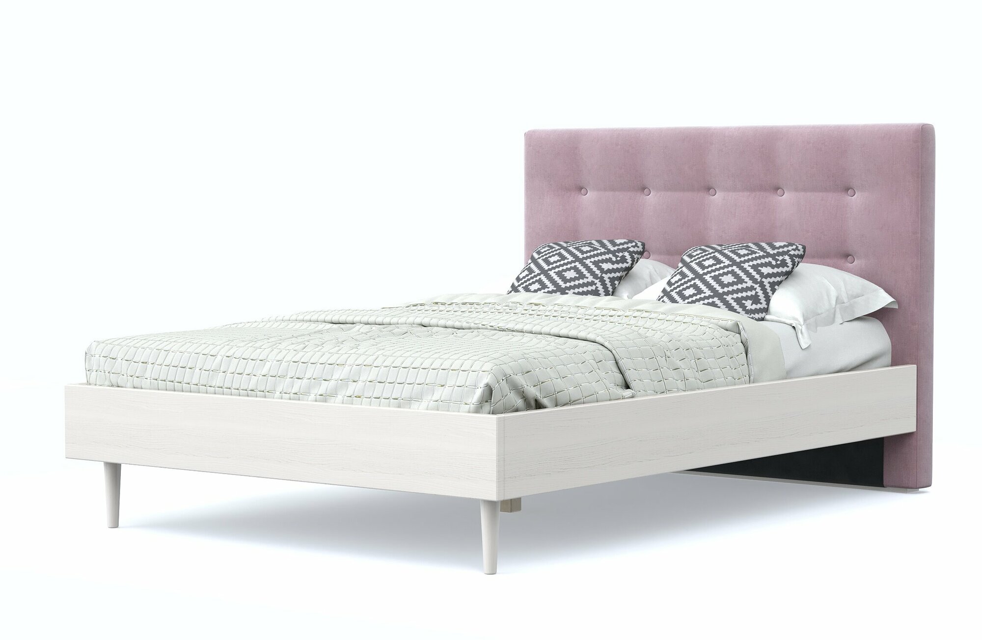 Двуспальная кровать альмена 160х190, с мягким изголовьем, розовый-беленый дуб, шенилл, деревянная, на ножках