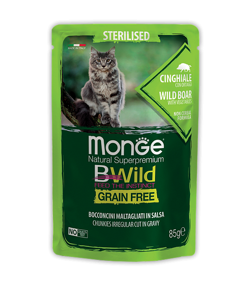 Влажный корм для стерилизованных кошек Monge BWILD Feed the Instinct, беззерновой, с кабаном, с овощами 85 г (кусочки в соусе)