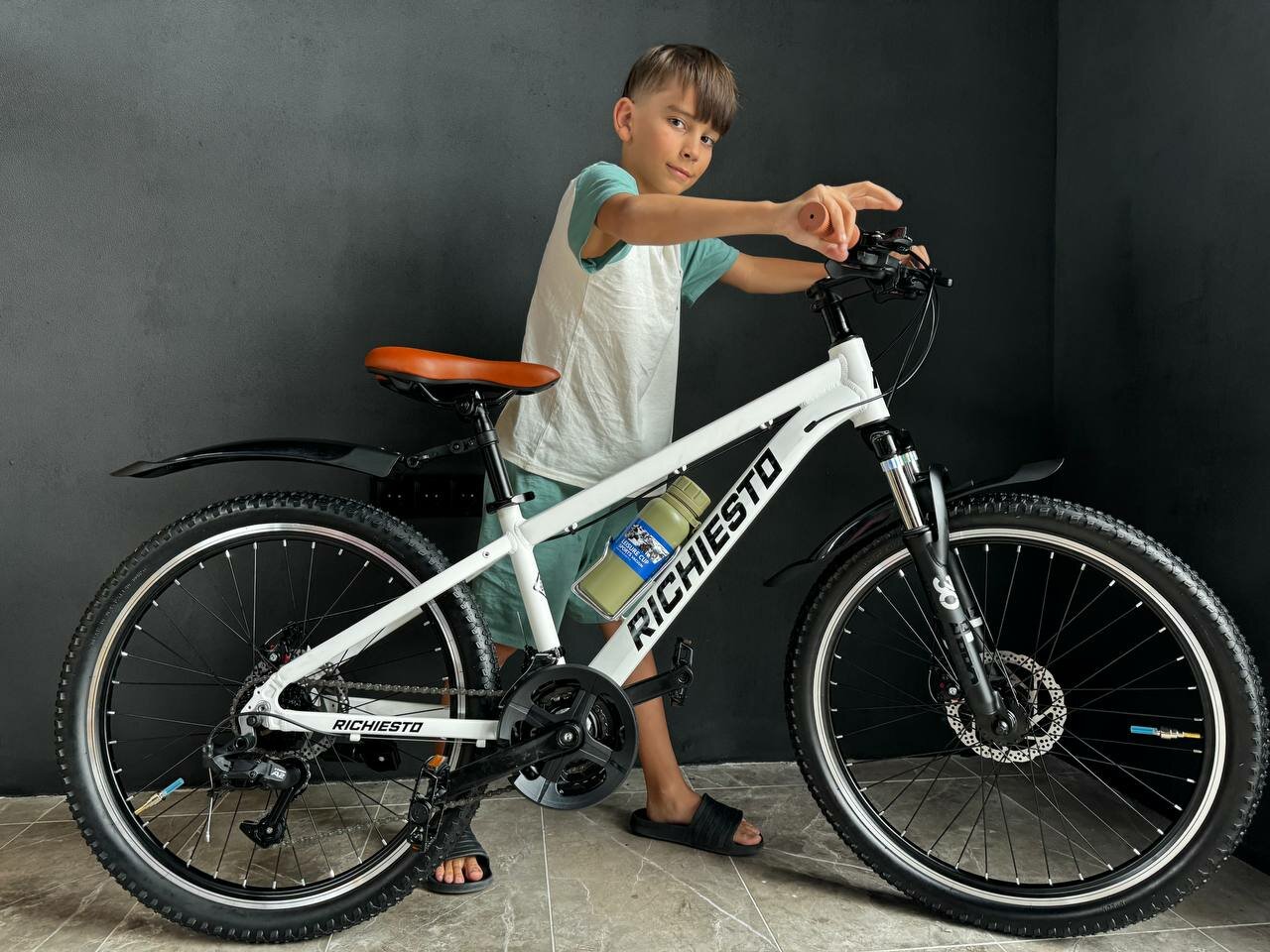 Велосипед RICHIESTO 24" Алюминиевая рама 14" Горный Для детей и подростков Для девочек Спортивный, белый с коричневым