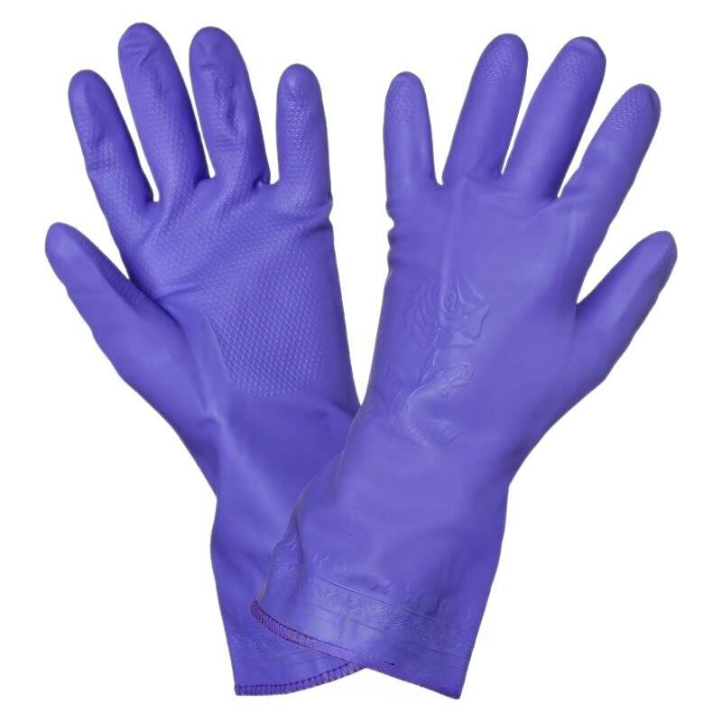 Перчатки ПВХ хозяйственные с подкладкой (L). фиолетовые (AWG-HW-11) Размер: L Тип: рабочие Материал: нитрил EAN-13: 4680295000624 Тип: перчатки рабочие