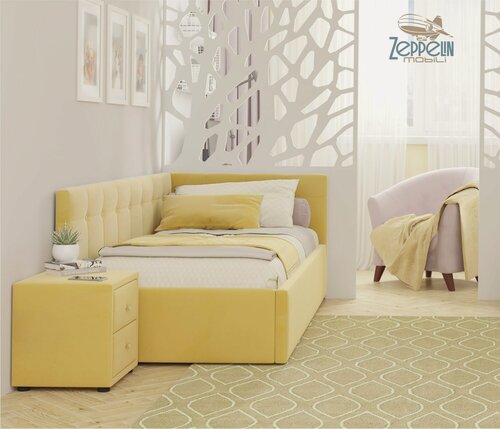 Изображение товара Односпальная кровать-тахта Bonna 900 желтая угловая Zeppelin, с подъемным механизмом, 90х200, мягкая из велюра, с ящиком для хранения
