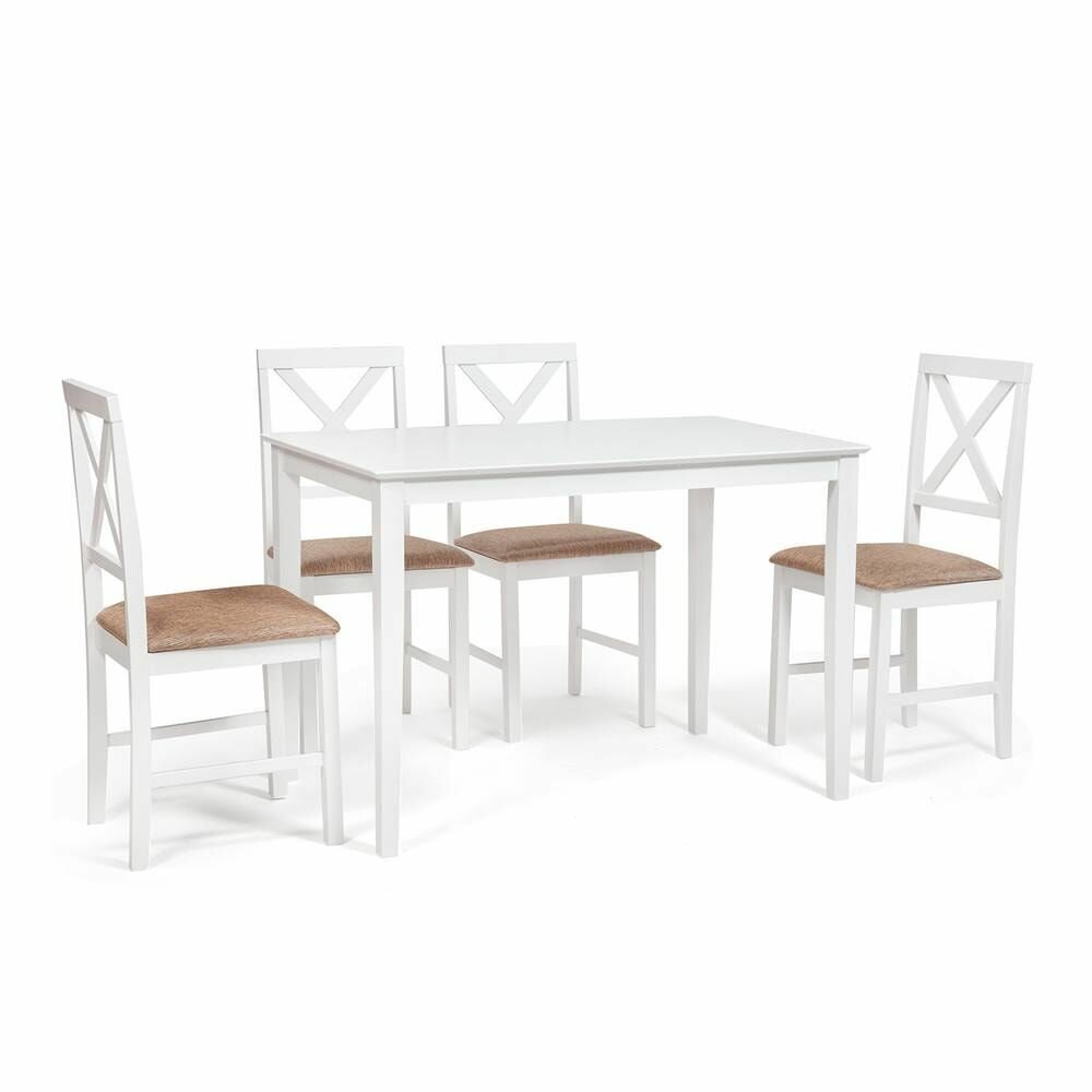Обеденный комплект TetChair Хадсон (стол + 4 стула)/ Hudson Dining Set дерево гевея/ мдф pure white (белый 2-1) ткань коричнево-золотая (1505)