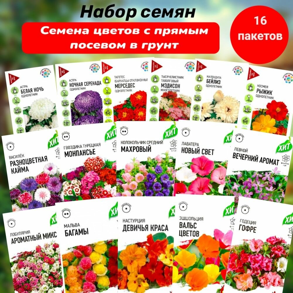 Семена неприхотливых цветов  прямой посев в грунт  Набор семян цветов 16 пакетов  Агрофирма  Гавриш 