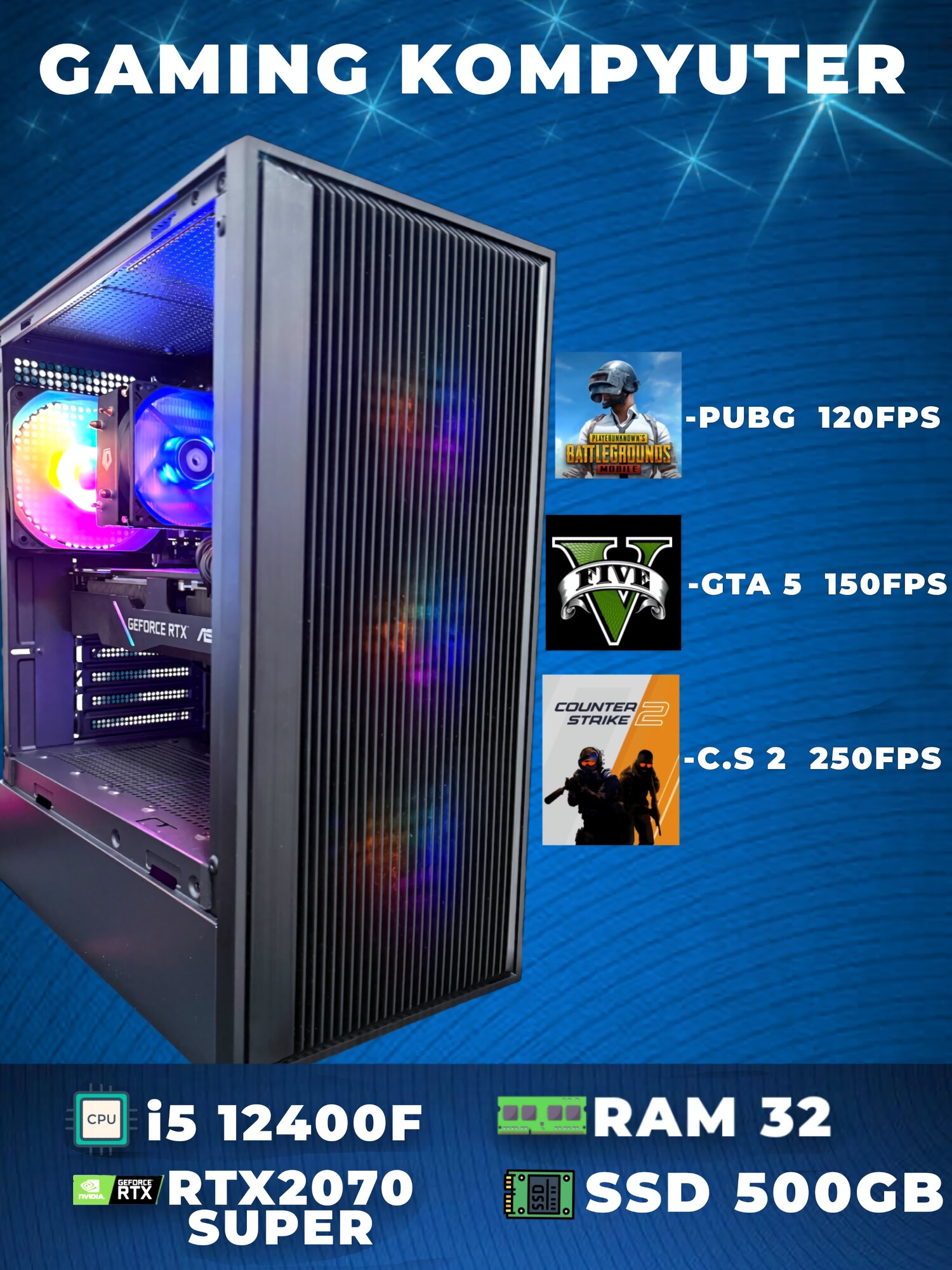 Мощный Игровой компьютер для любых задач | i5 12400F | RTX 2070 Suреr | 32GB | SSD 500GB
