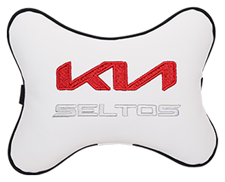 Автомобильная подушка на подголовник экокожа Milk с логотипом автомобиля KIA Seltos