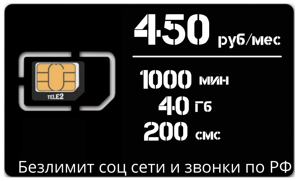 Сим карта Tele2. Тариф Компаньон M. 1000 мин/40 Гб/200 смс. Звонки по РФ