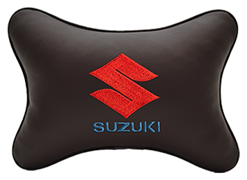 Автомобильная подушка на подголовник экокожа Coffee с логотипом автомобиля SUZUKI