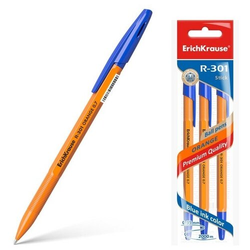 Набор ручек шариковых 3 штуки ErichKrause R-301 Orange Stick, узел 0.7 мм, чернила синие, длина линии письма 2000 метров, европодвес ручки и стержни erichkrause ручка шариковая ек r 301 orange stick