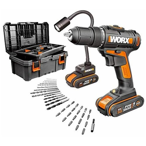 фото Комбо-набор: дрель-шуруповерт аккумуляторная worx wx101.9 +фонарь аккумуляторный worx wx028.9 20в, 2x1.5ah, зу 0,4а, набор оснастки 35шт, ящик