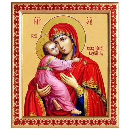 Владимирская икона Божией Матери (лик № 003), в широкой рамке с узором 21,5*25 см