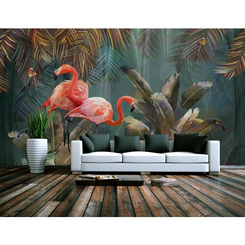 Фотообои флизелиновые 180х100см. на стену. Серия TROPIC ARTDELUXE. Тропические джунгли с фламинго. Обои дизайнерские, эксклюзивные.