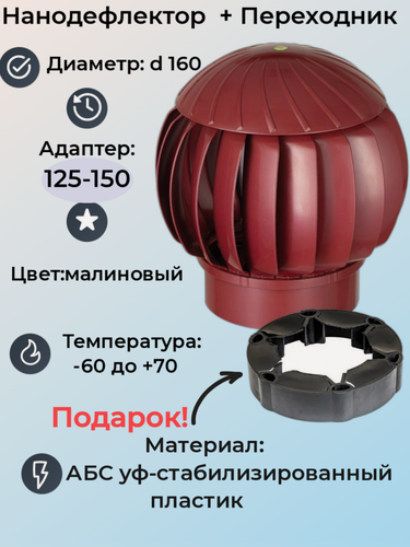 Изображение товара Ротационный нанодефлектор RAL 3005 (малиновый) в комплекте с переходником для труб диаметром 125-150 мм