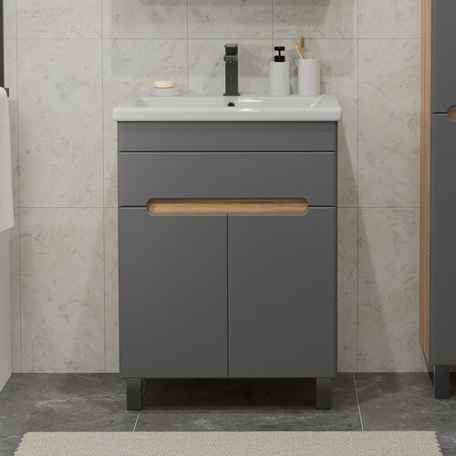 Изображение товара Тумба напольная SanStar Модена 50 с раковиной Como 50 (комплект) для ванной комнаты, графит софт