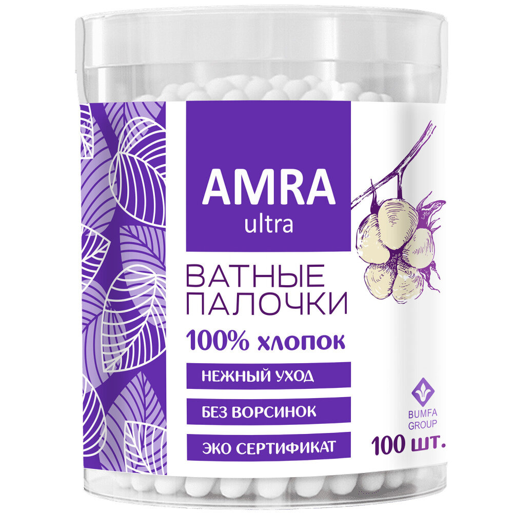 Упаковка 24 шт. Ватные палочки 100 шт, AMRA, пластиковый стакан, П00055403