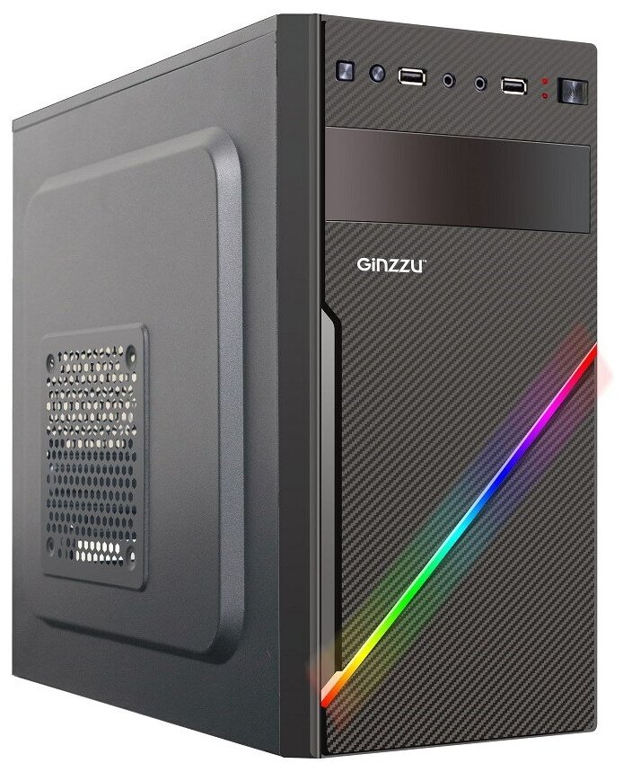 Корпус ATX MidiTower Ginzzu D400 без БП RGB (5,25"*1/3,5"*2/2,5"*2/USB 2.0x 2/audio) mATX черный