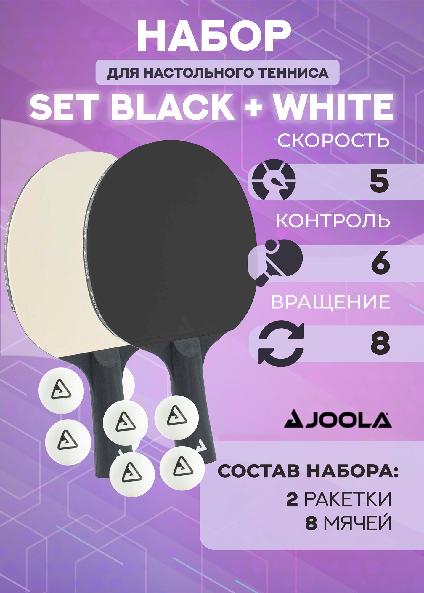 Набор для настольного тенниса Joola Set Black + White (2 ракетки, 8 мячей)