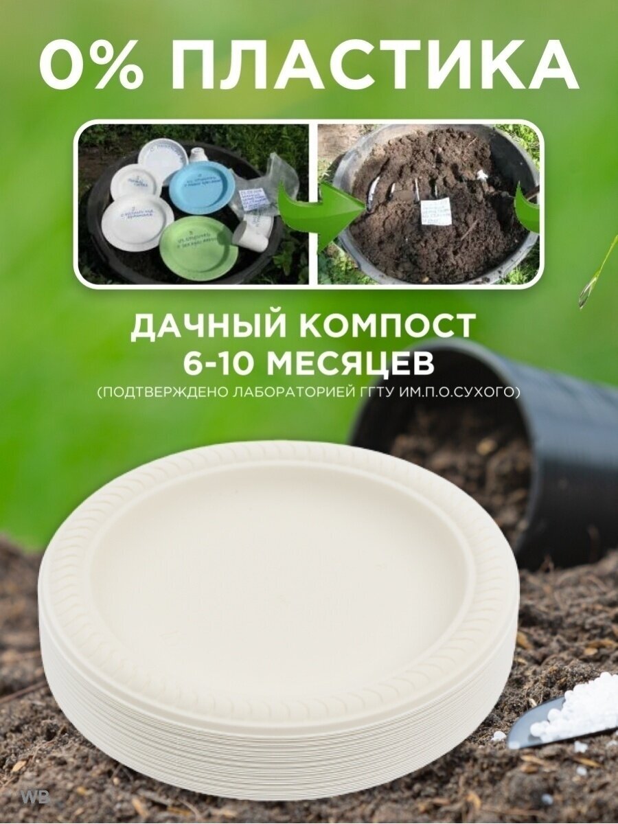 Тарелки одноразовые биоразлагаемые 25 шт., диаметр 18 см, цвет белый - фотография № 5