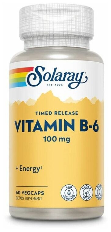 Витамин В6 (пиридоксина гидрохлорид) 100мг, медленное высвобождение, Solaray, 60 капсул, для волос, кожи, нервной системы