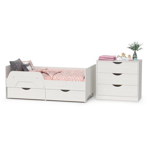 Кровать с ящиками Mobi Уна 11.22 + 13.304.01 Комод Белый(структура Поры дерева)