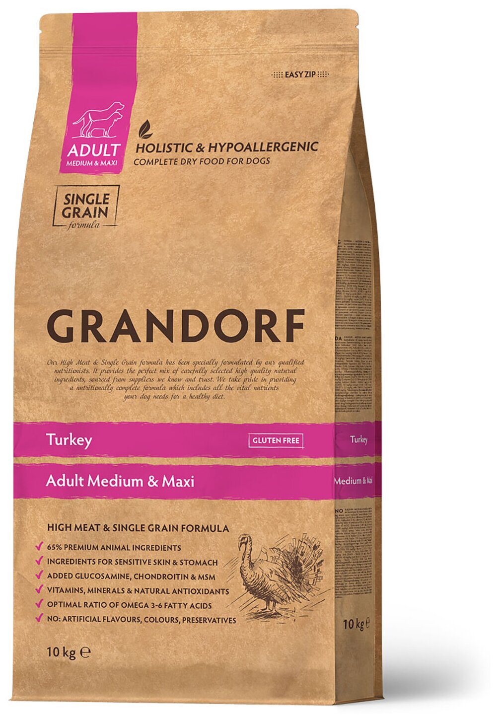 GRANDORF SINGLE GRAIN DOG ADULT MEDIUM & MAXI TURKEY низкозерновой для взрослых собак средних и крупных пород с индейкой (10 кг)