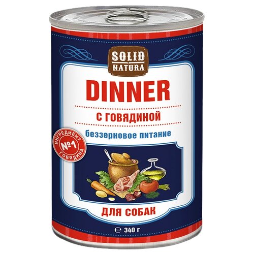 Влажный корм для собак Solid Natura Dinner, беззерновой, говядина 1 уп. х 1 шт. х 340 г влажный корм для собак solid natura dinner dinner беззерновой ягненок 1 уп х 6 шт х 340 г