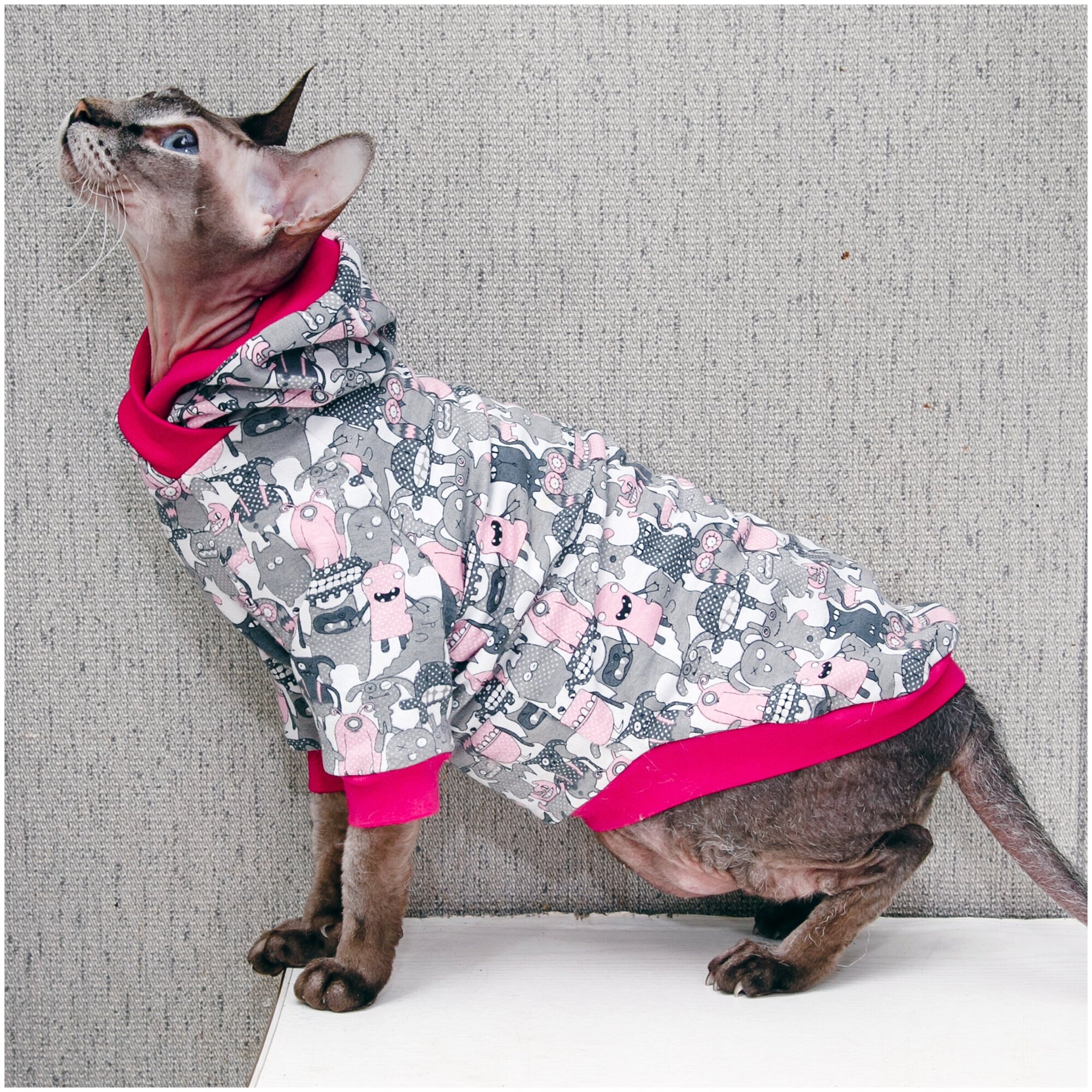 Демисезонная одежда для кошек и котов - трикотажная кофта с капюшоном, худи с рисунком Весёлые монстры, подходит для сфинксов