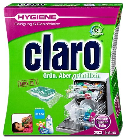 CLARO Hygiene Tabs Дезинфицирующие таблетки для мытья посуды в ПММ, 30 шт., Австрия